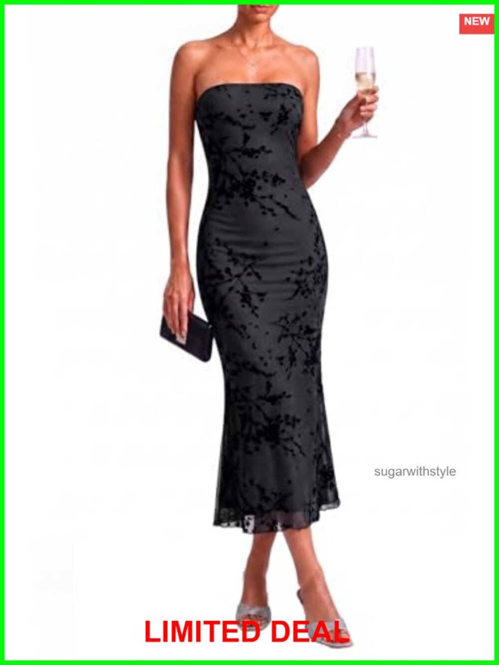 Strapless Floral Bodycon Midi Dress Mesh Lined Formal Cocktail